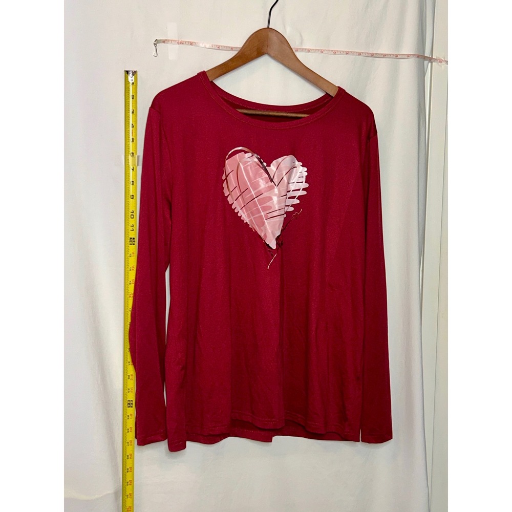 Womens Long Sleeve‎ Heart Print Top Burgundy Size XXL Polyester